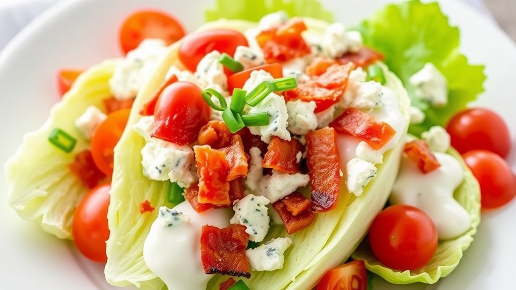 Classic Blue Cheese Wedge Salad Recipe A delicious wedge salad with iceberg lettuce, blue cheese dressing, crumbled blue cheese, bacon, and cherry tomatoes on a white plate.